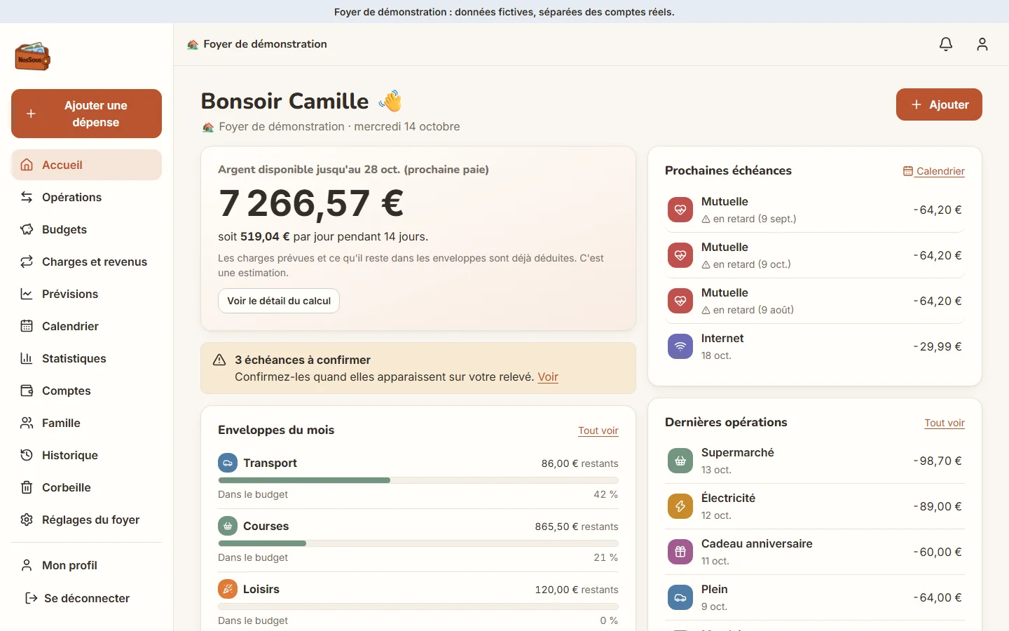 Capture du tableau de bord NosSous sur ordinateur, avec menu latéral (données de démonstration)